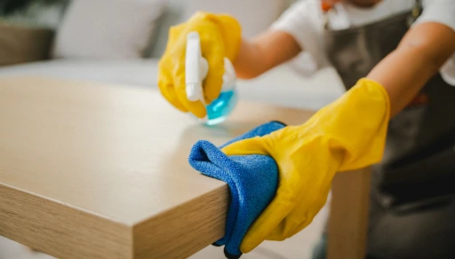Persona con guantes limpiando un mueble