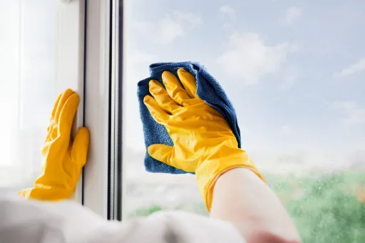 Persona con guantes limpiando una ventana