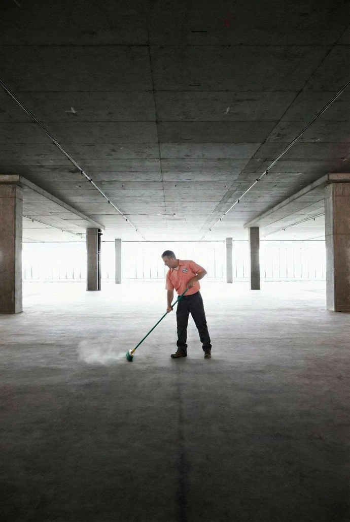 Trabajador de Lava Tap limpiando una construcción terminada